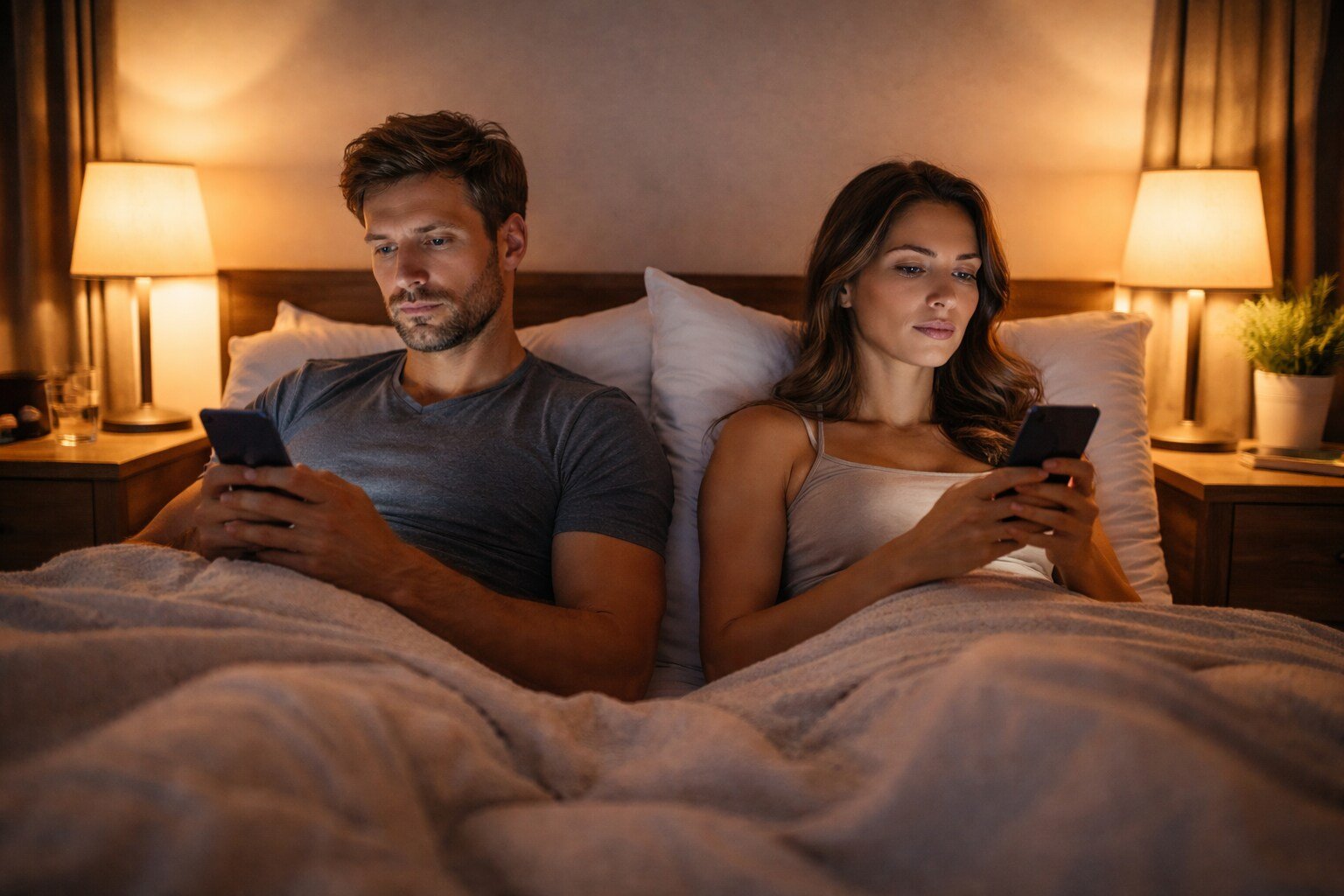 Married couple lying in bed using their phones instead of talking, showing emotional distance and boredom in marriage.