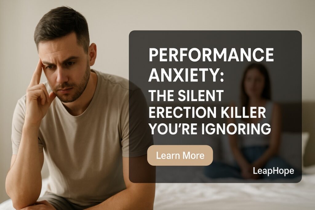 A distressed man sits on the edge of a bed with his head resting on his hand, while a blurred woman looks concerned in the background. Overlaid text reads: “Performance Anxiety: The Silent Erection Killer You’re Ignoring,” with a “Learn More” button and LeapHope branding.