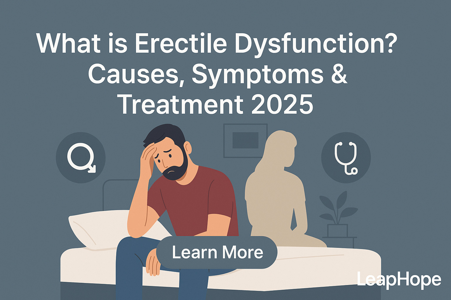 LeapHope informational banner on erectile dysfunction showing a worried man sitting on a bed beside a partner’s silhouette. The graphic includes the headline ‘What is Erectile Dysfunction? Causes, Symptoms & Treatment 2025,’ medical icons, and a Learn More button.