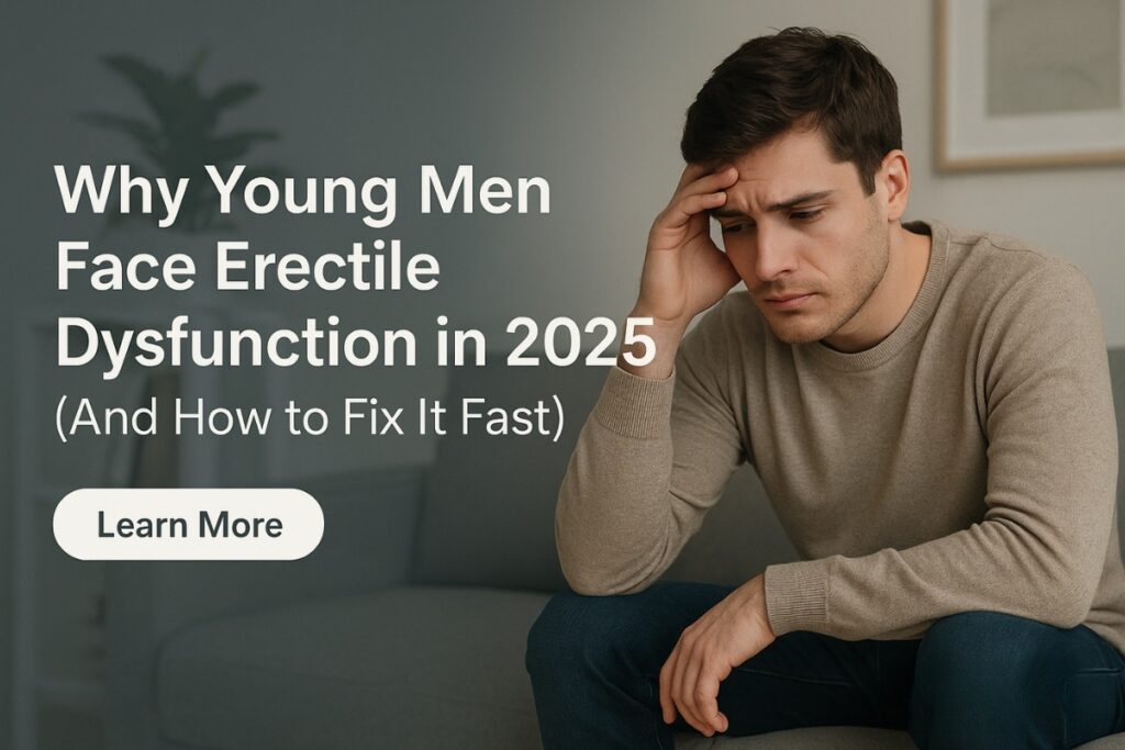 Young man sitting on a sofa looking concerned, with headline text ‘Why Young Men Face Erectile Dysfunction in 2025 (And How to Fix It Fast)’ and a Learn More button, PsychiCare branding bottom-right.