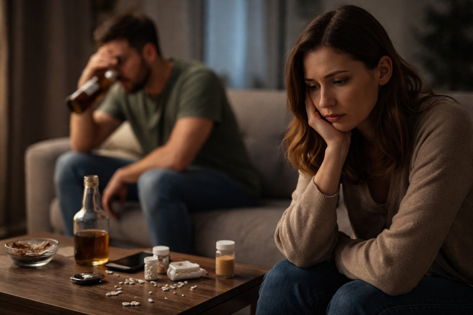 Distressed couple sitting apart at home with alcohol and pills on table, showing the emotional impact of addiction on a relationship.