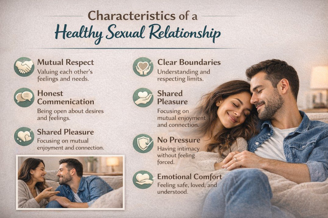 Key characteristics of a healthy sexual relationship include respect, boundaries, open communication, and shared comfort.