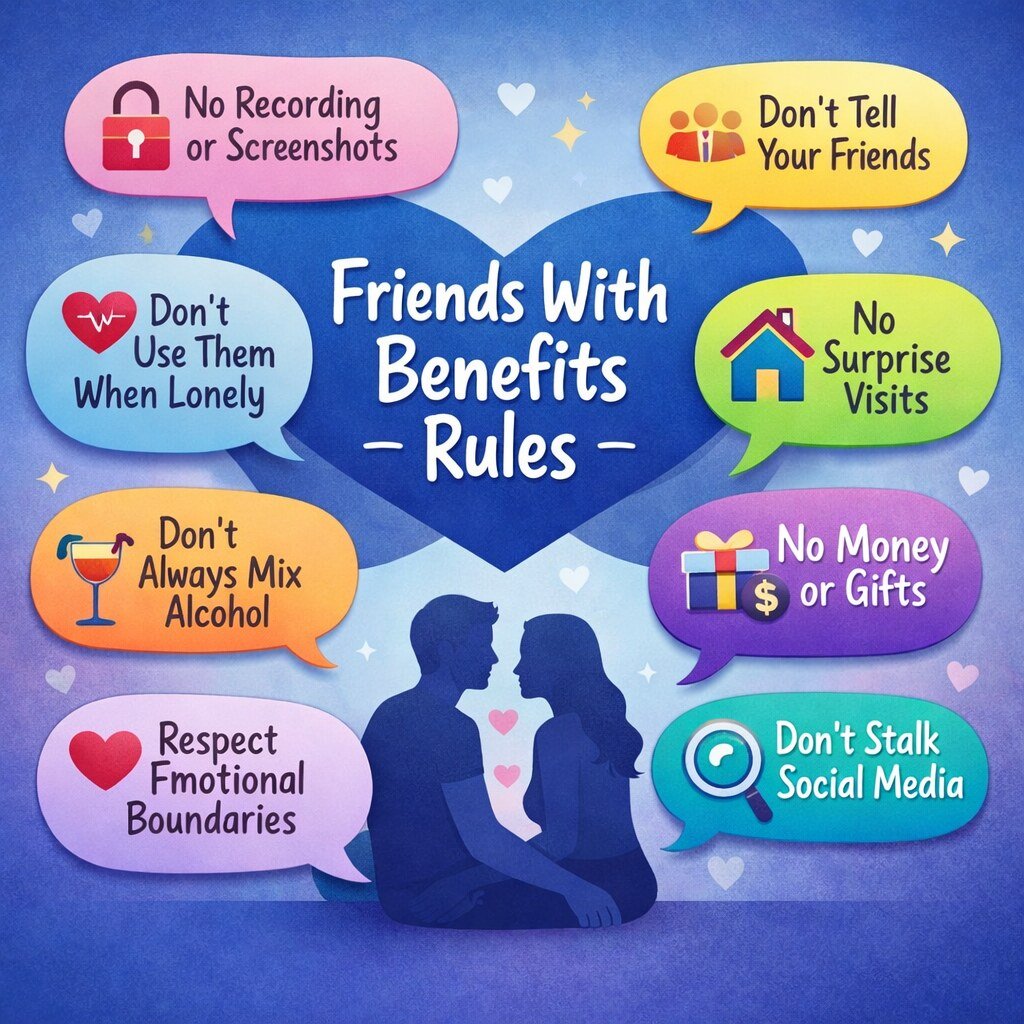 Friends with benefits rules infographic with social media boundaries, no screenshots rule, emotional boundaries and texting limits