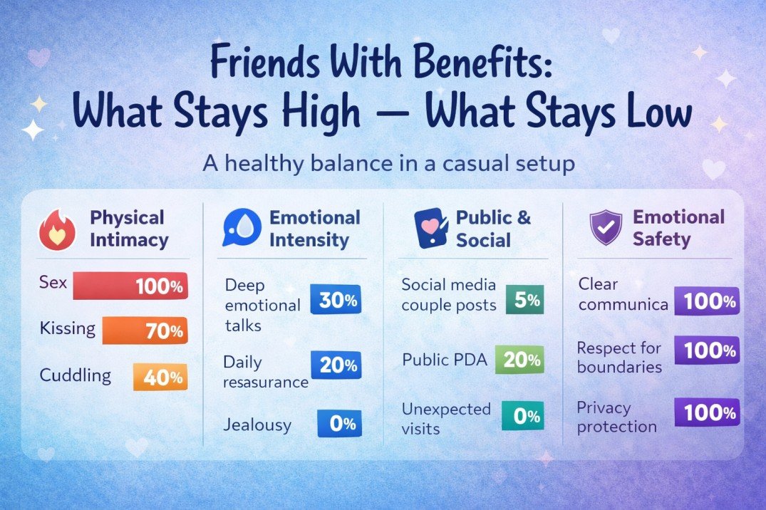 Friends with benefits rules infographic showing percentage balance of sex, cuddling, texting limits, social media boundaries, jealousy 0%, and clear communication 100%