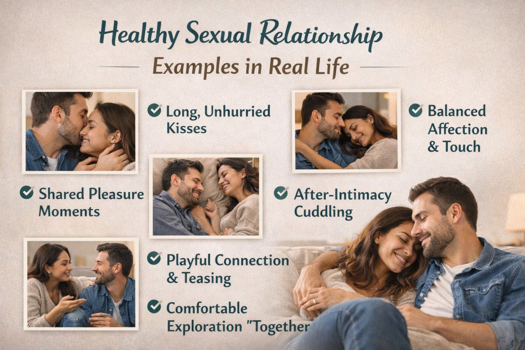 Couple showing affection, cuddling, and communicating calmly as examples of a healthy sexual relationship.