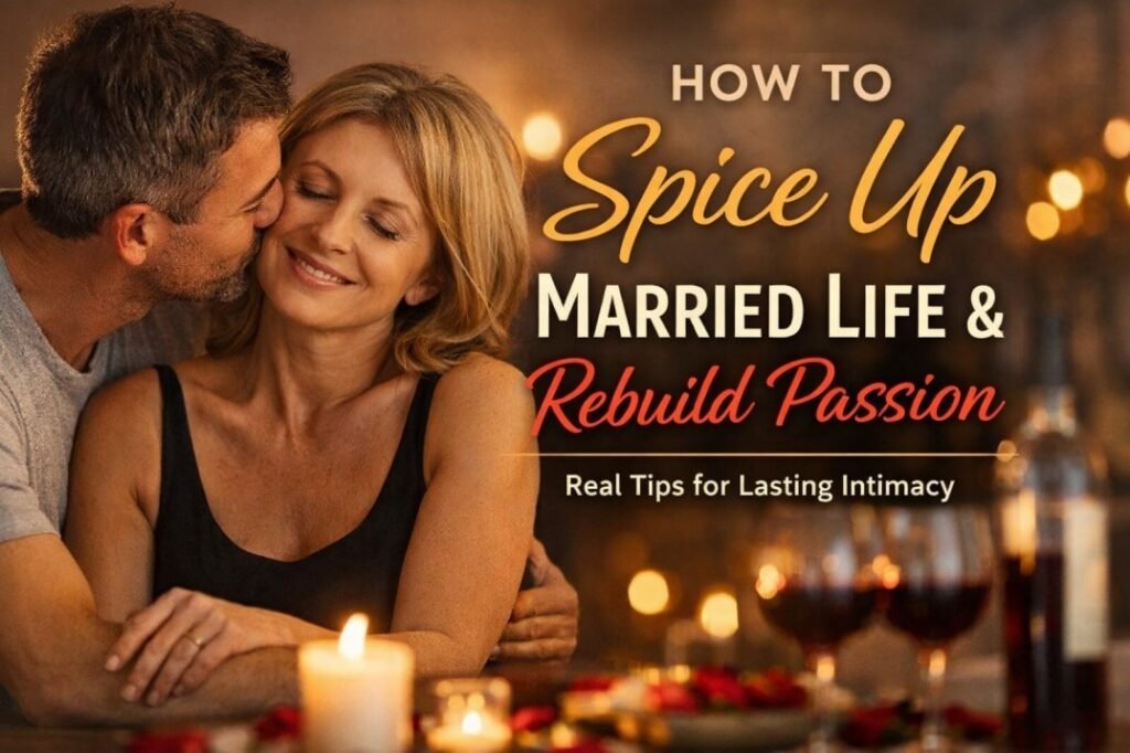Romantic couple embracing at candlelight dinner illustrating how to spice up married life and rebuild passion naturally