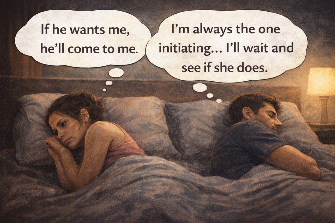 Couple lying apart in bed thinking “If he wants me, he’ll come to me” and “I’m always the one initiating” showing intimacy imbalance