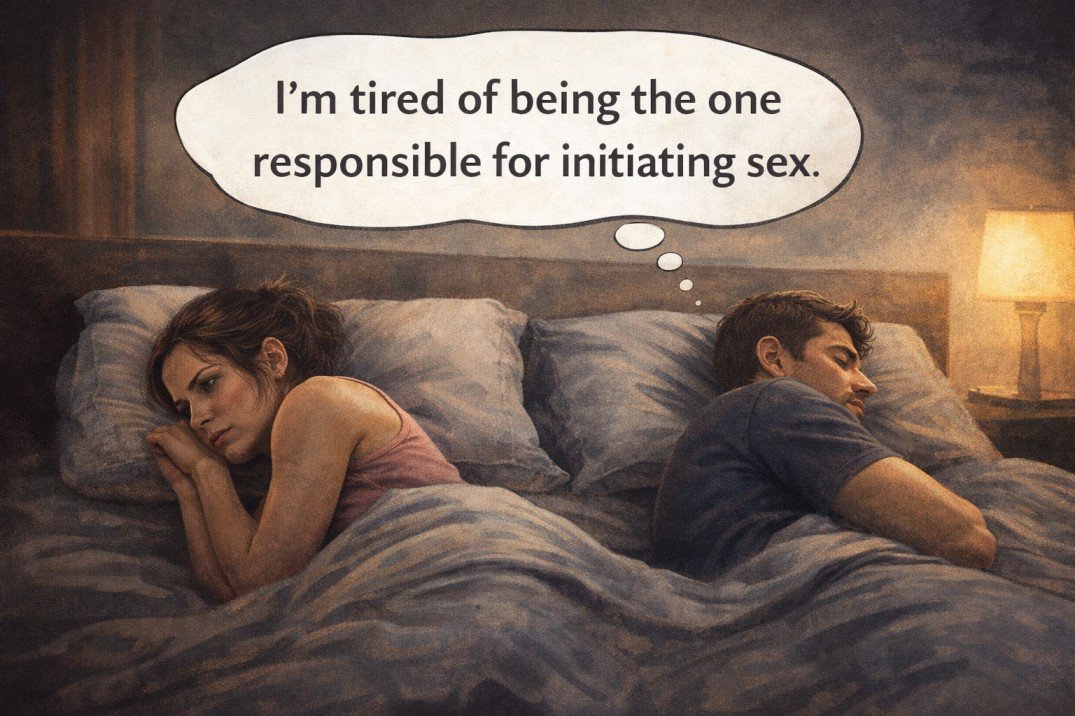Woman lying awake in bed thinking “I’m tired of being the one responsible for initiating sex” while partner turns away