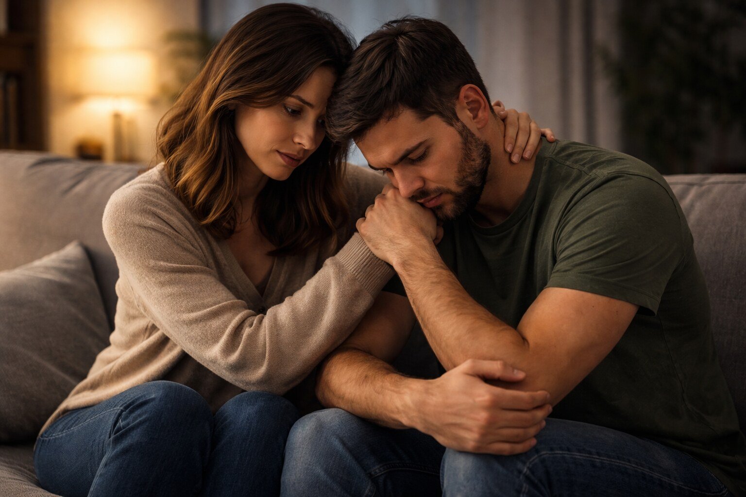 Woman comforting her distressed partner at home, showing emotional support during addiction recovery in a relationship.