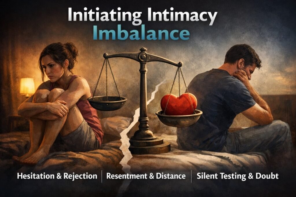 Couple sitting apart in bed symbolizing tired of initiating intimacy and emotional distance in marriage