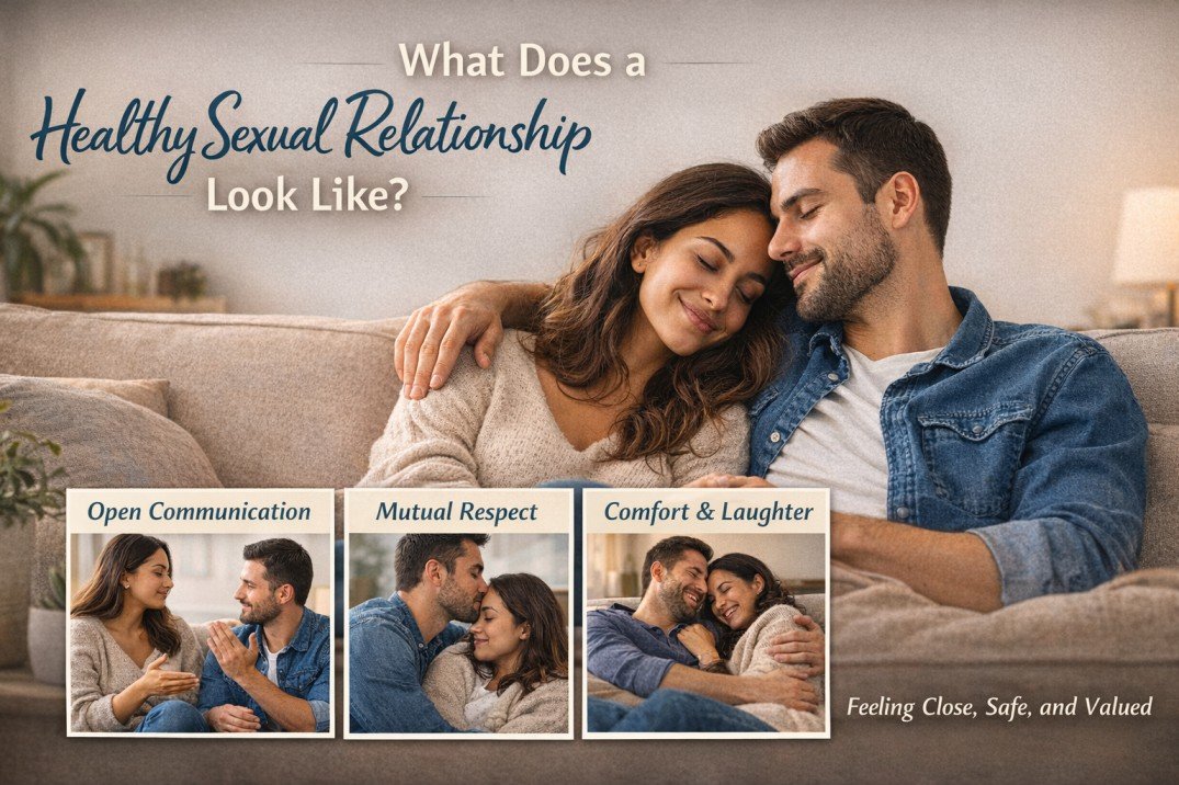 Couple sitting close together on a sofa smiling and talking calmly, representing a healthy sexual relationship built on trust and comfort.