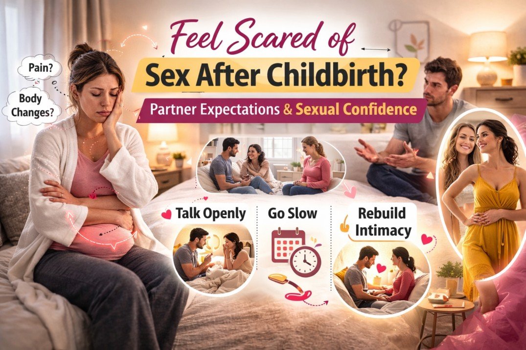 Sex After Pregnancy: What’s Normal, What Hurts & When It’s Safe 5 Woman feeling scared of sex after childbirth with partner expectations and sexual confidence concerns