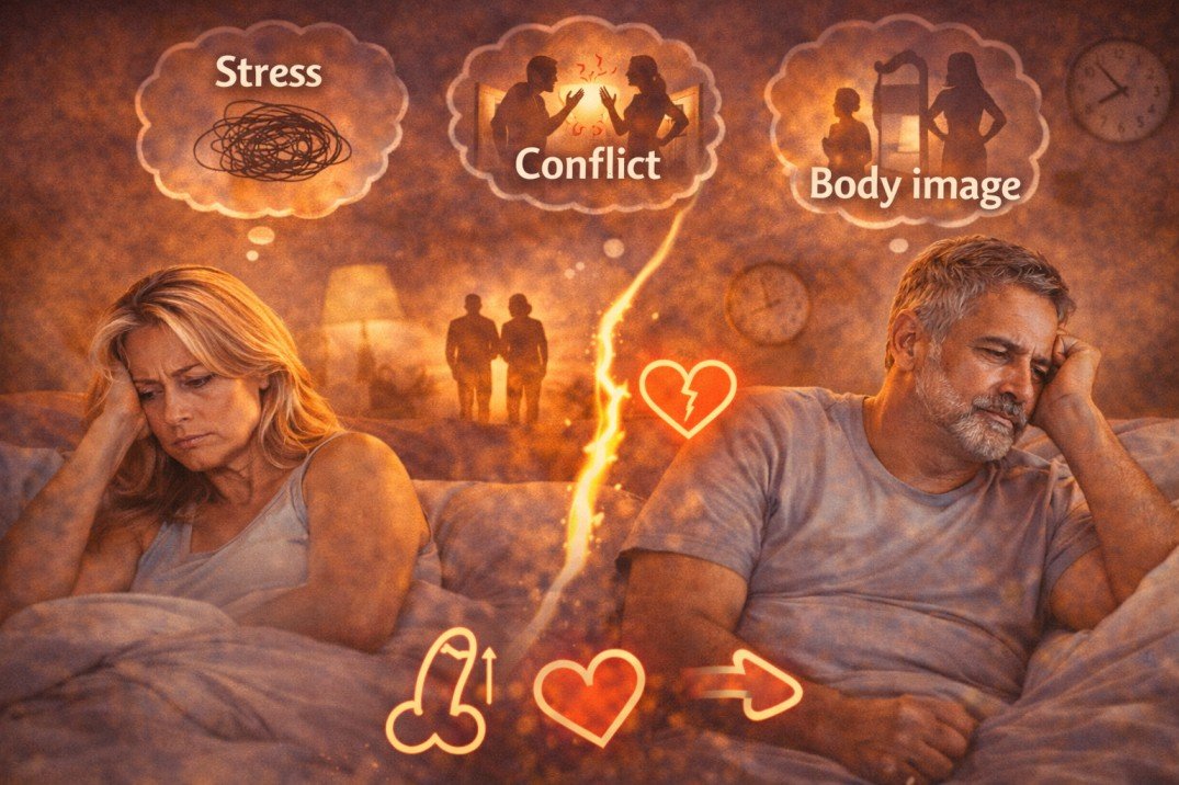 Middle-aged couple lying apart in bed showing stress, conflict, and body image issues affecting sex life after 50