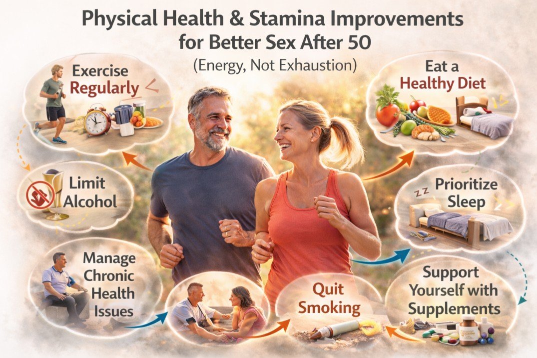 Physical health and stamina tips to improve sex after 50 including exercise, sleep, weight management, and heart health