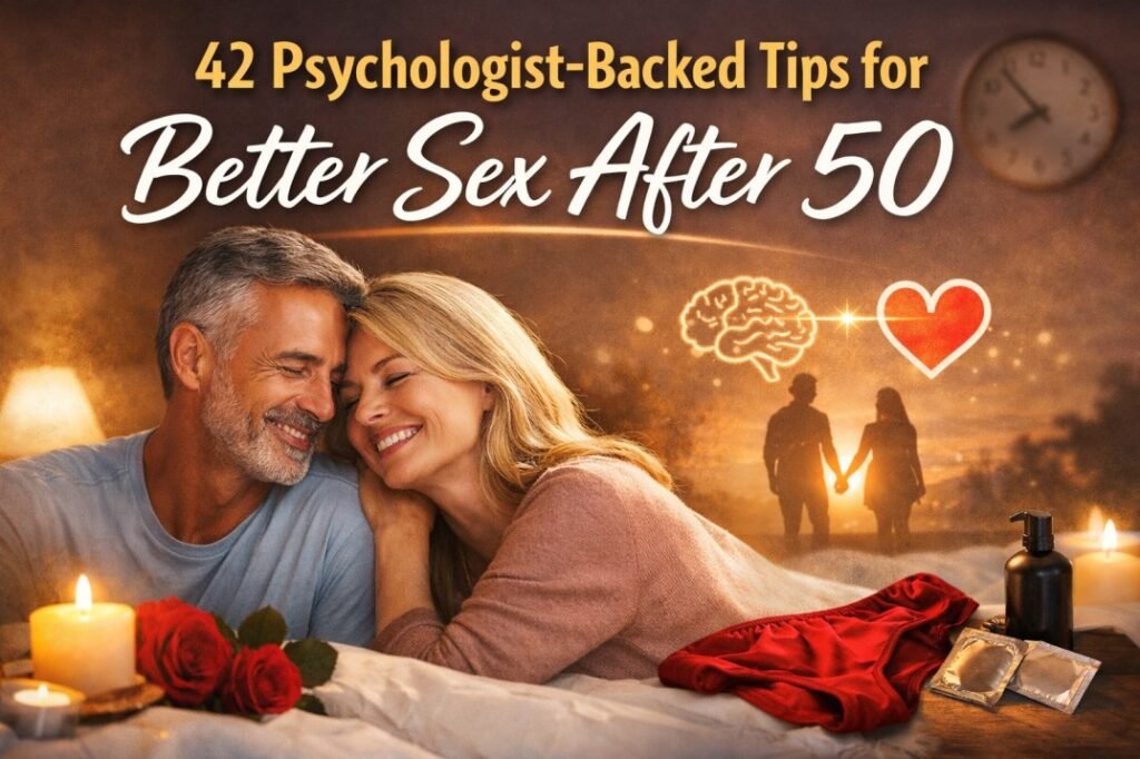 Happy midlife couple embracing with text “42 Psychologist-Backed Tips for Better Sex After 50” feature image