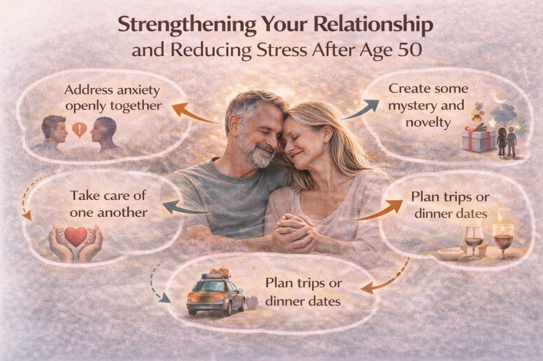 Infographic showing relationship and stress management tips to improve intimacy and sex after 50