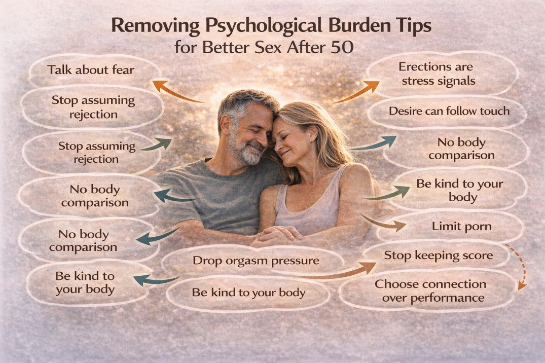 Infographic showing psychological tips to improve intimacy and sex after 50 in midlife couples