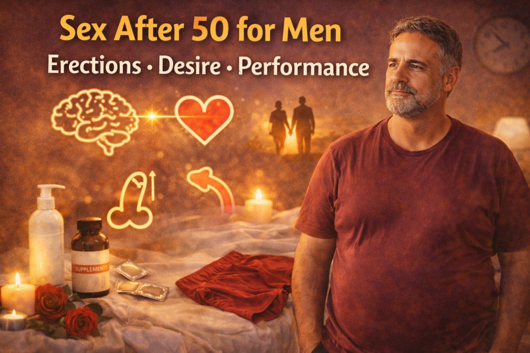 Overweight man in his 50s standing in bedroom with text “Sex After 50 for Men: Erections, Desire, Performance & Confidence”
