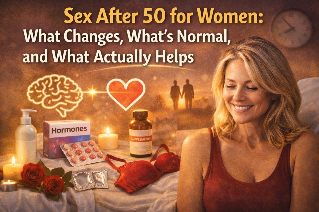 Confident woman over 50 smiling with text “Sex After 50 for Women: What Changes, What’s Normal, and What Actually Helps”