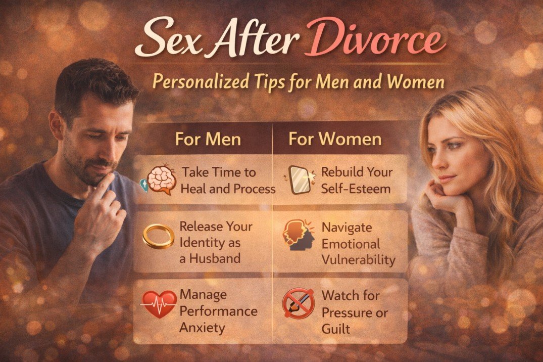 Infographic showing personalized sex after divorce tips for men and women, covering confidence, emotional healing, and performance anxiety.