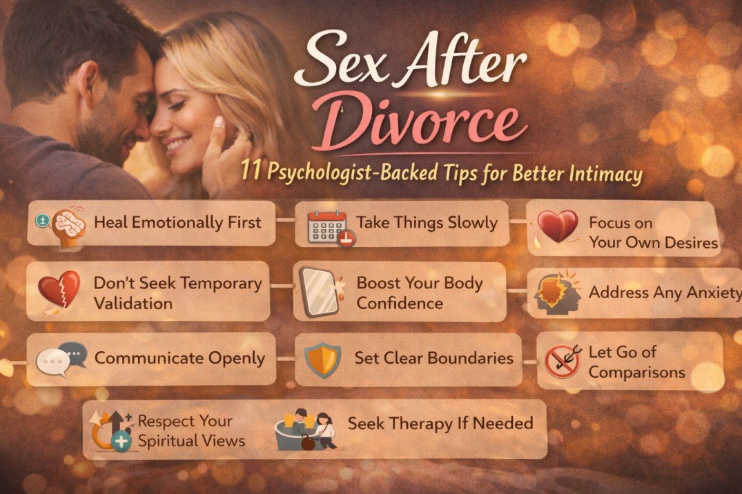 Couple reconnecting romantically with text overlay about psychologist-backed tips for healthy sex after divorce.