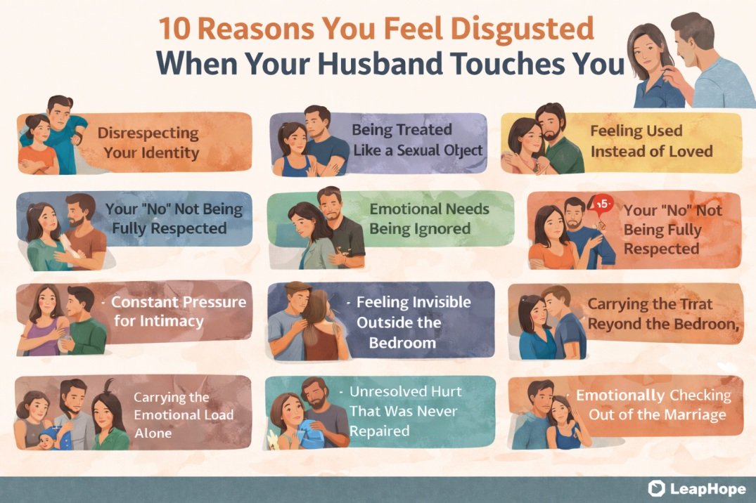 15 Reasons Why You Feel Disgusted When Your Husband Touches You 4 Infographic showing 10 reasons a woman may feel disgusted when her husband touches her, including emotional neglect, feeling used, lack of respect, and unresolved hurt.