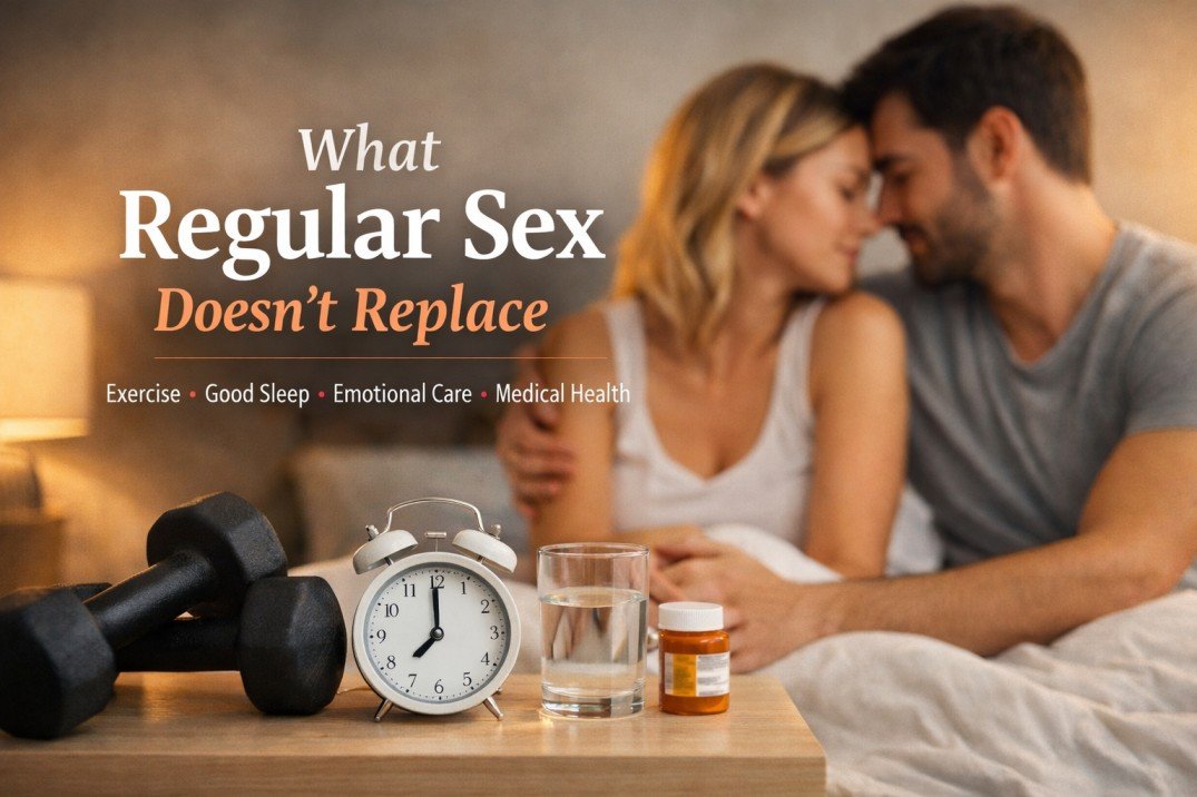 Regular Sex Benefits: Is It Really Good for Your Health and Relationship? 6 Couple sitting closely with text overlay about what regular sex does not replace including exercise sleep and medical care