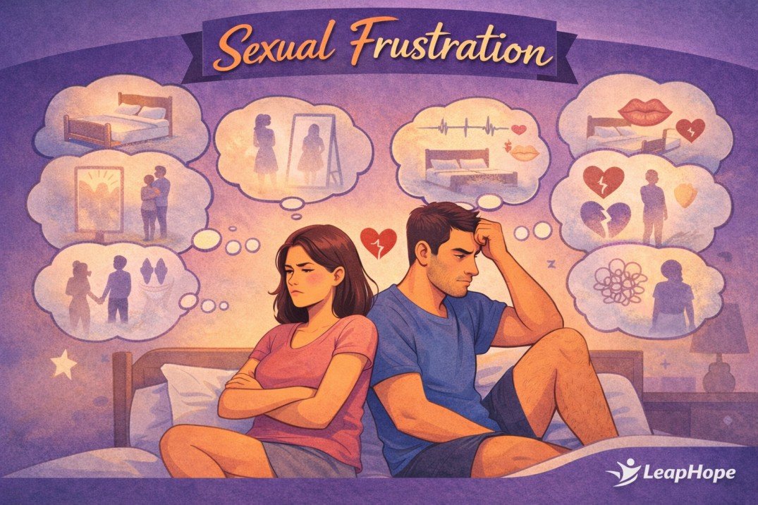 a frustrated couple sitting back to back on a bed with thought bubbles showing emotional distance, rejection, and sexual frustration in a relationship