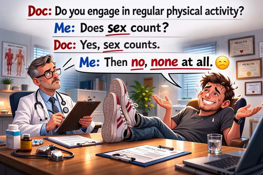 Funny horizontal meme of a doctor asking about exercise and a patient joking that running late counts as physical activity.