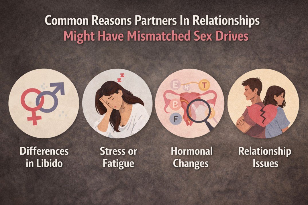 Infographic showing common reasons for mismatched sex drives including libido differences, stress, hormonal changes, and relationship issues