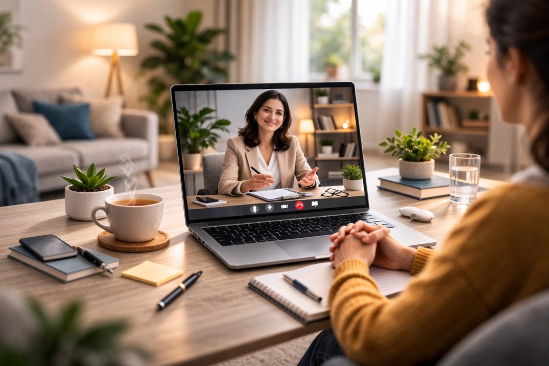 Online therapy session with licensed counsellor providing mental health support through video consultation
