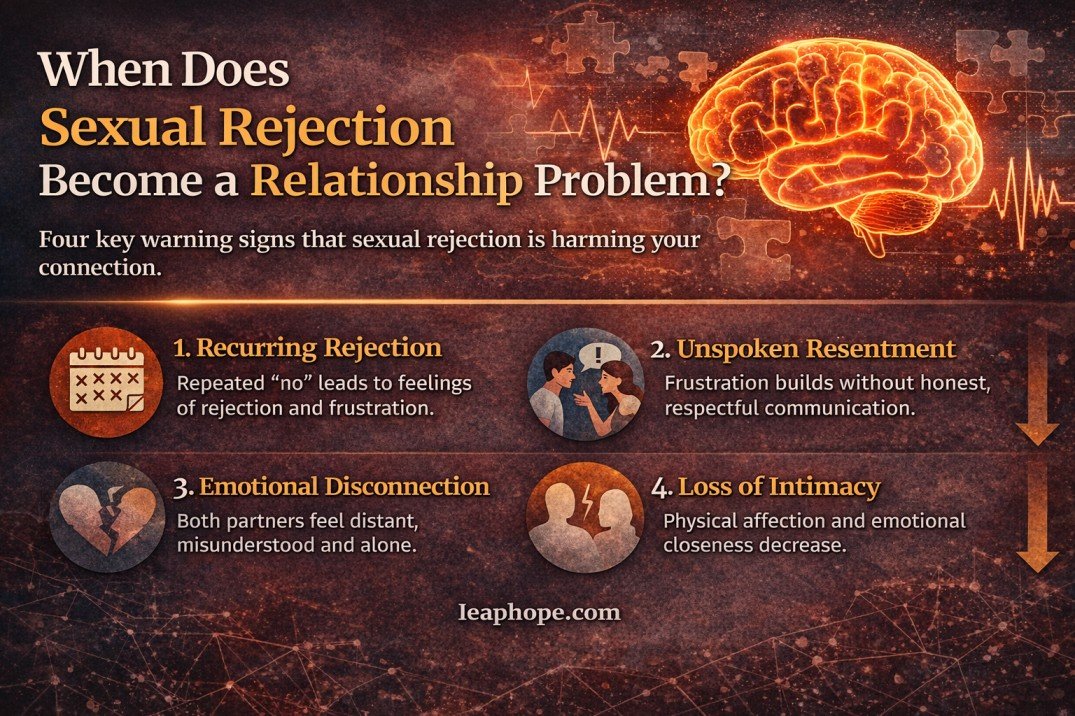 Infographic showing signs sexual rejection is harming a relationship, including resentment and emotional distance.