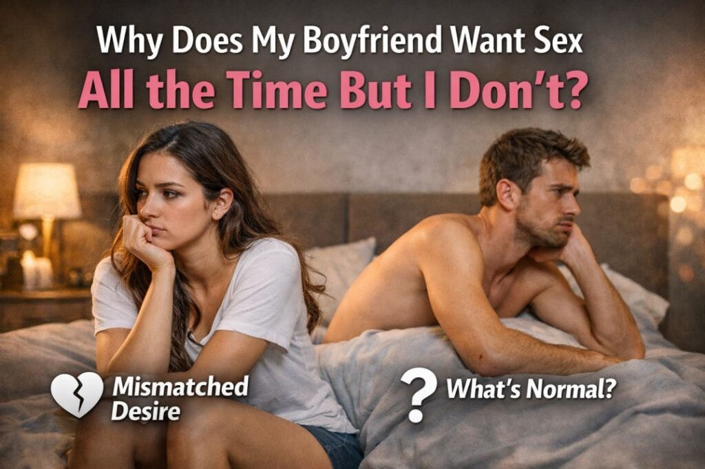 Woman feeling confused while boyfriend wants sex more often, illustrating mismatched sex drives in a relationship