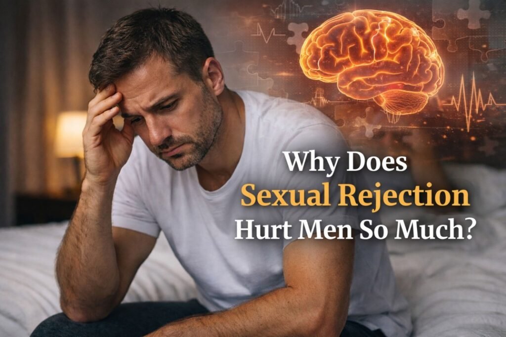 Man feeling emotionally hurt after sexual rejection from wife or girlfriend, showing insecurity and distance in relationship.