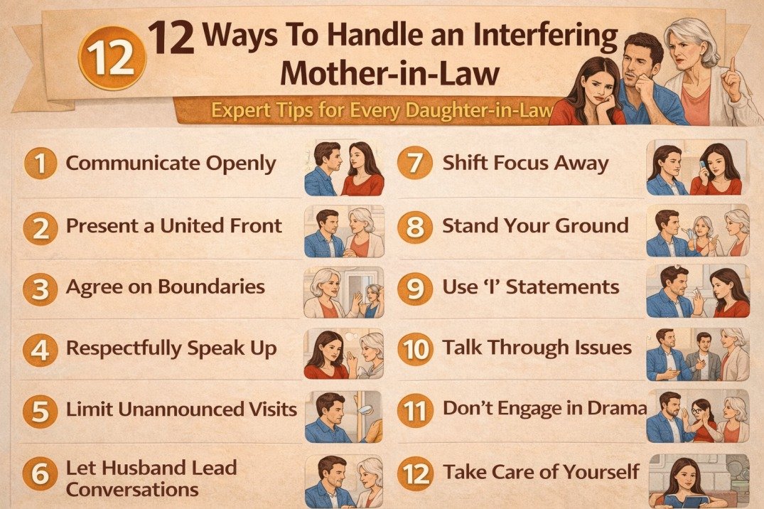 infographic showing 12 ways to handle an interfering mother-in-law and protect your marriage