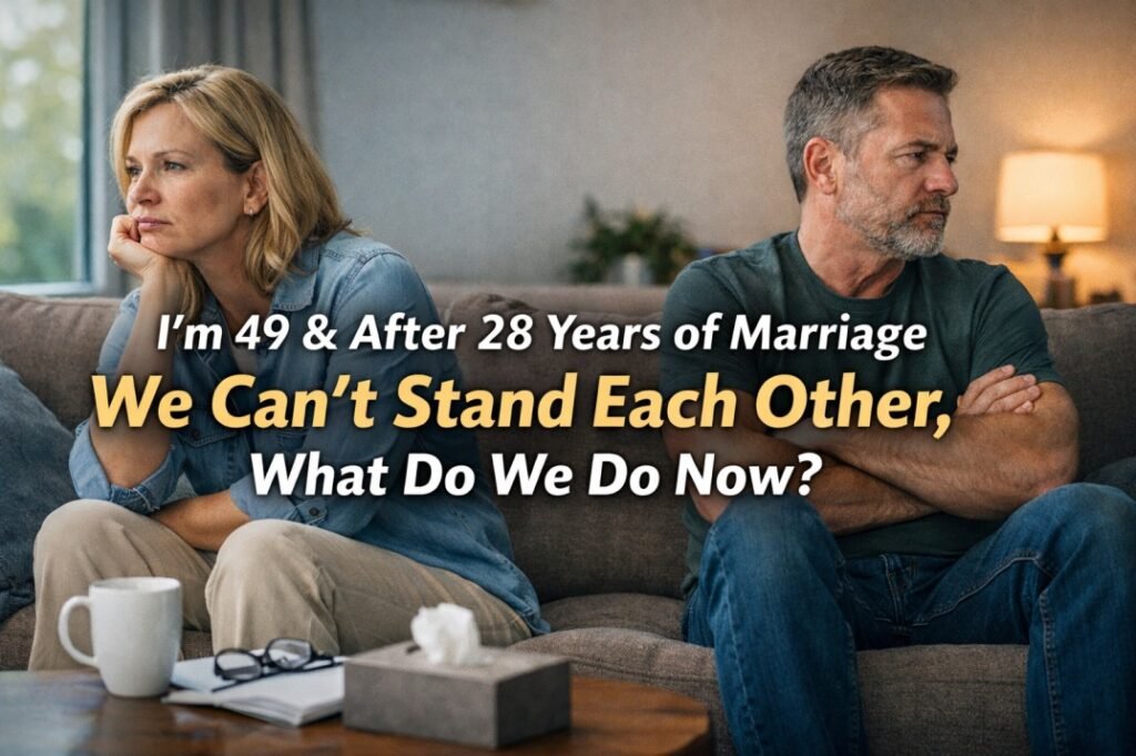 Middle-aged married couple sitting apart on a couch looking upset after decades of marriage