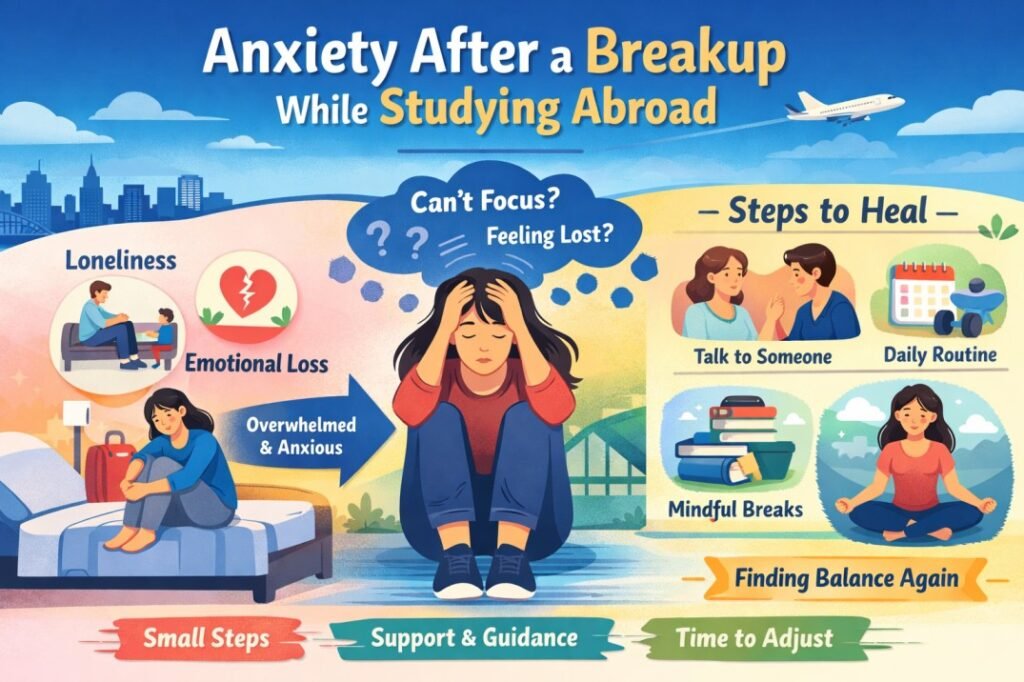 Infographic showing anxiety, loneliness, and loss of focus after a breakup while studying abroad, with tips to regain emotional balance.
