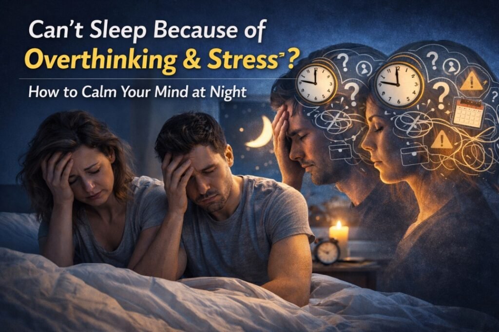 Man and woman lying awake in bed at night due to overthinking and stress, struggling with insomnia and racing thoughts