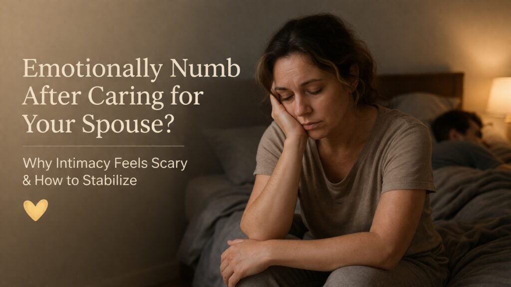 Woman feeling emotionally numb after years of caring for sick spouse, struggling with intimacy and caregiver burnout
