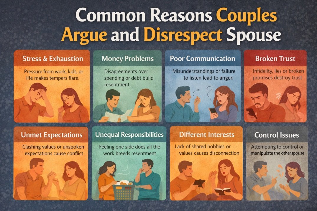 I’m 35+ and We Keep Fighting, Why Does It Feel Like There’s No Respect Left? 4 Infographic showing common reasons couples argue and disrespect a spouse, including stress, money problems, poor communication, and unequal responsibilities