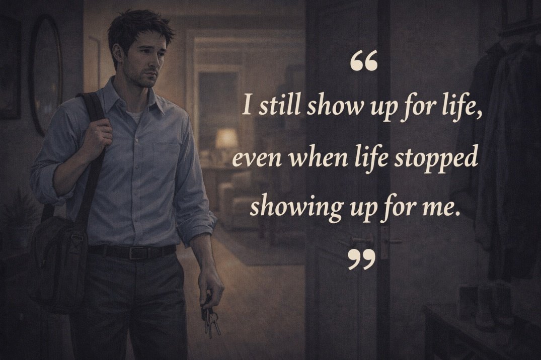 Man sitting alone looking exhausted with don’t feel happy anymore quote “I still show up for life even when life stopped showing up for me”