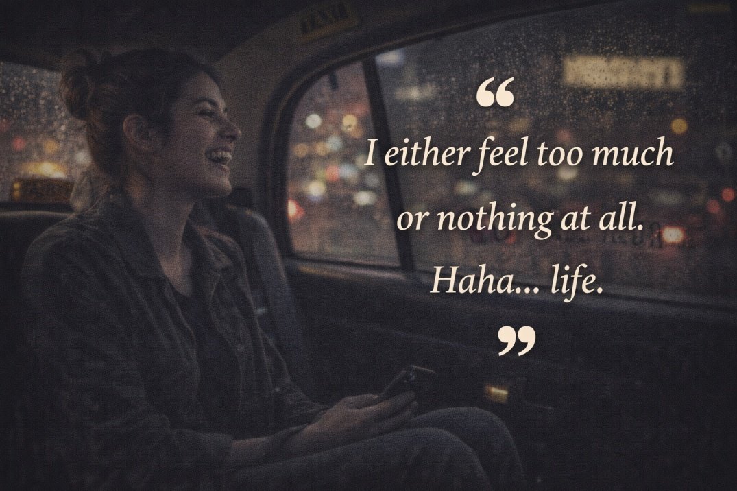 Happy woman sitting in taxi at night with quote “I either feel too much or nothing at all haha life” about emotional numbness