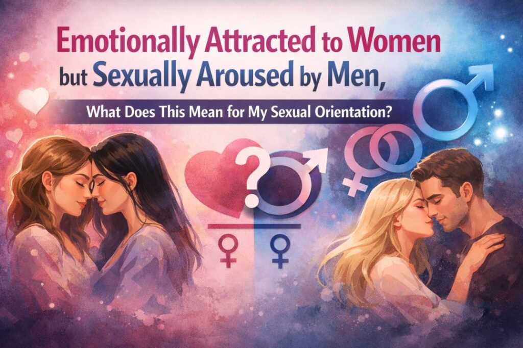 Emotionally Attracted to Women but Sexually Aroused by Men, What Does This Mean for My Sexual Orientation? 2 Emotionally attracted to women but sexually aroused by men concept illustration showing a woman experiencing conflicting romantic and physical attraction