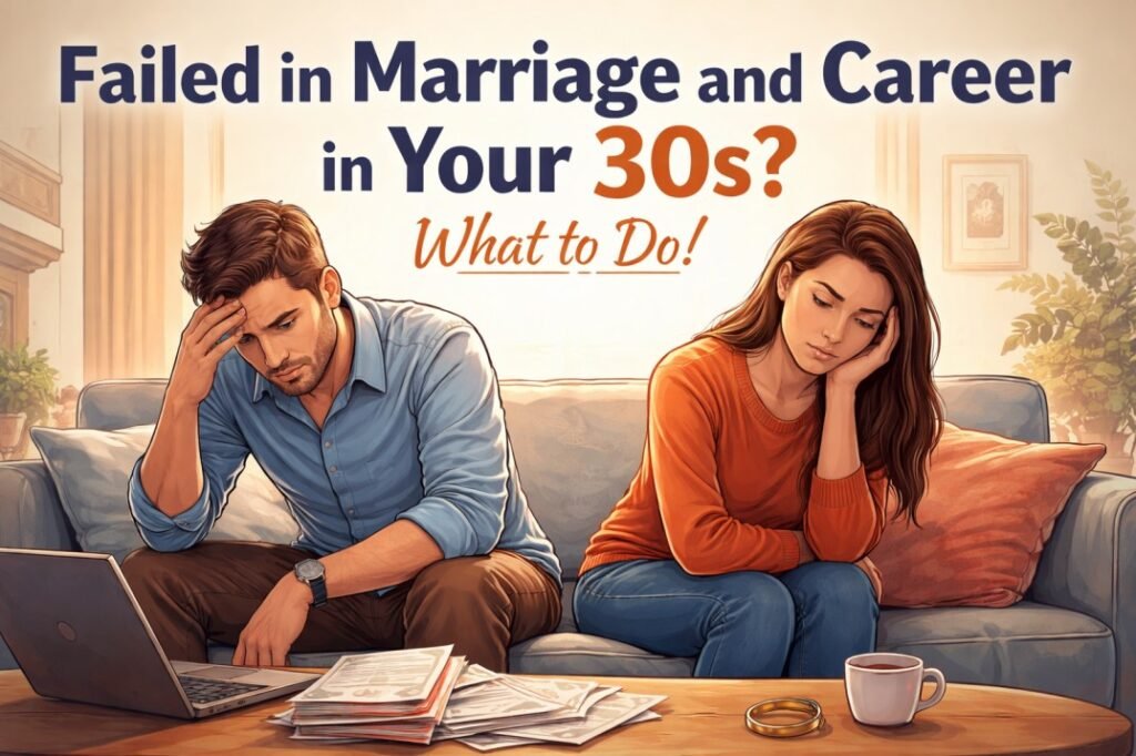 Couple in their 30s sitting apart on a couch looking stressed and exhausted, representing marriage and career problems