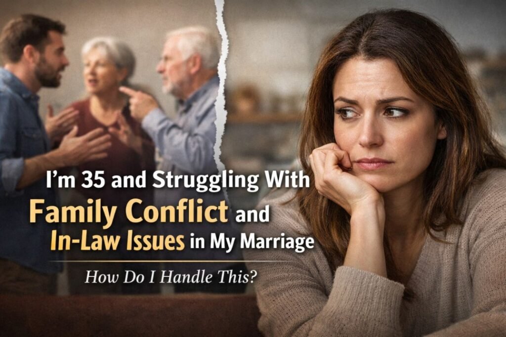 35-year-old woman feeling stressed while her husband argues with his parents, representing family conflict and in-law issues affecting marriage.