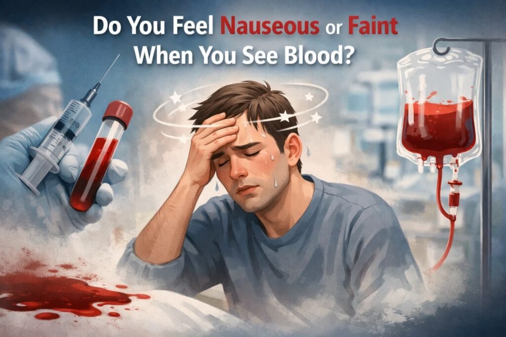 Person feeling dizzy and faint after seeing blood, illustrating vasovagal syncope reaction