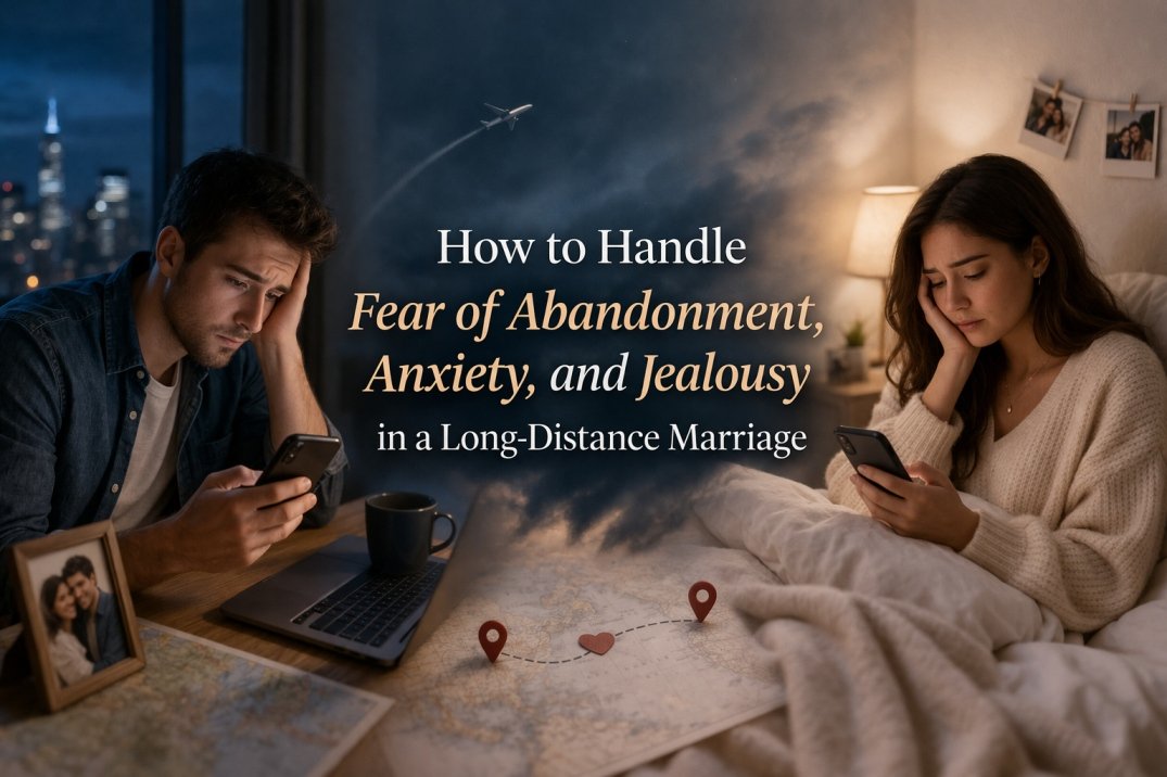 My Long Distance Marriage Is Triggering My Fear of Abandonment and Anxiety – What Should I Do? 5 Man and woman feeling anxious and insecure in a long-distance marriage, coping with fear of abandonment and jealousy