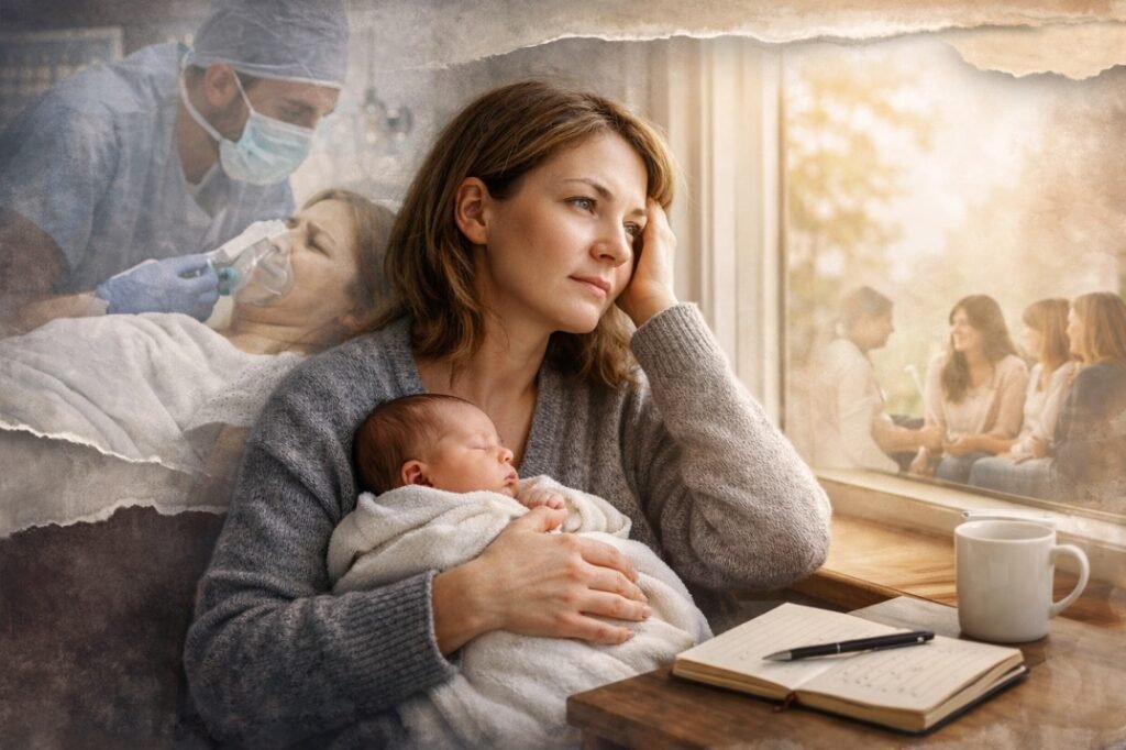 Mother holding newborn while reflecting on traumatic birth experience and emotional healing after childbirth
