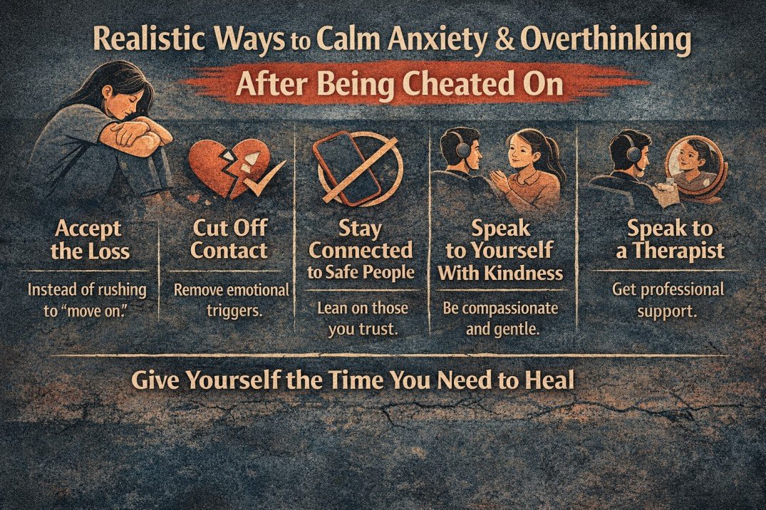 My Toxic Partner Cheated on Me, How Do I Manage the Anxiety and Heal? 7 Horizontal infographic showing healing steps to calm anxiety and overthinking after being cheated on, including grief, boundaries, support, and self-care