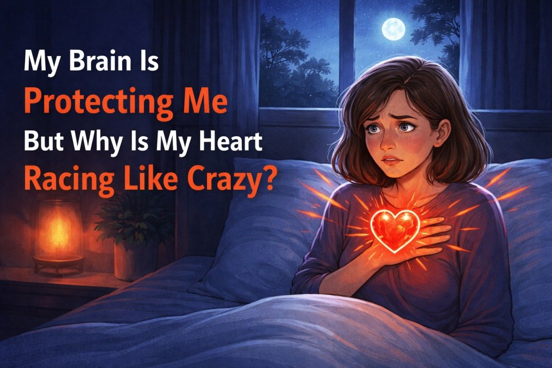 Woman sitting in bed at night holding her chest with glowing heart, illustrating heart racing from anxiety, stress, or emotional distress